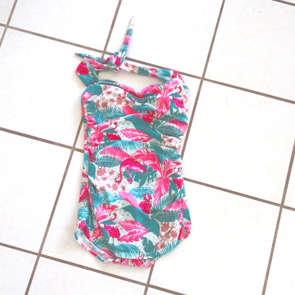 Pink and Green One Piece Swimsuit with Ruched Halter Neck Flamingo Bettie Paige.